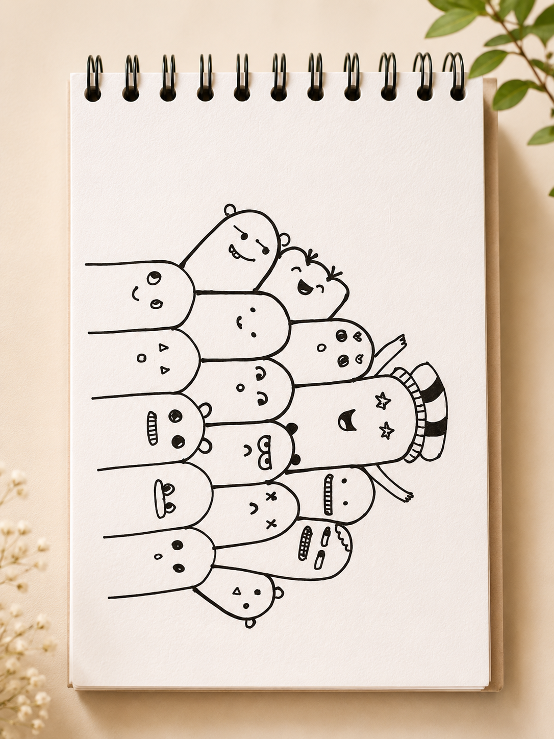 A sketchbook page of little doodle characters
