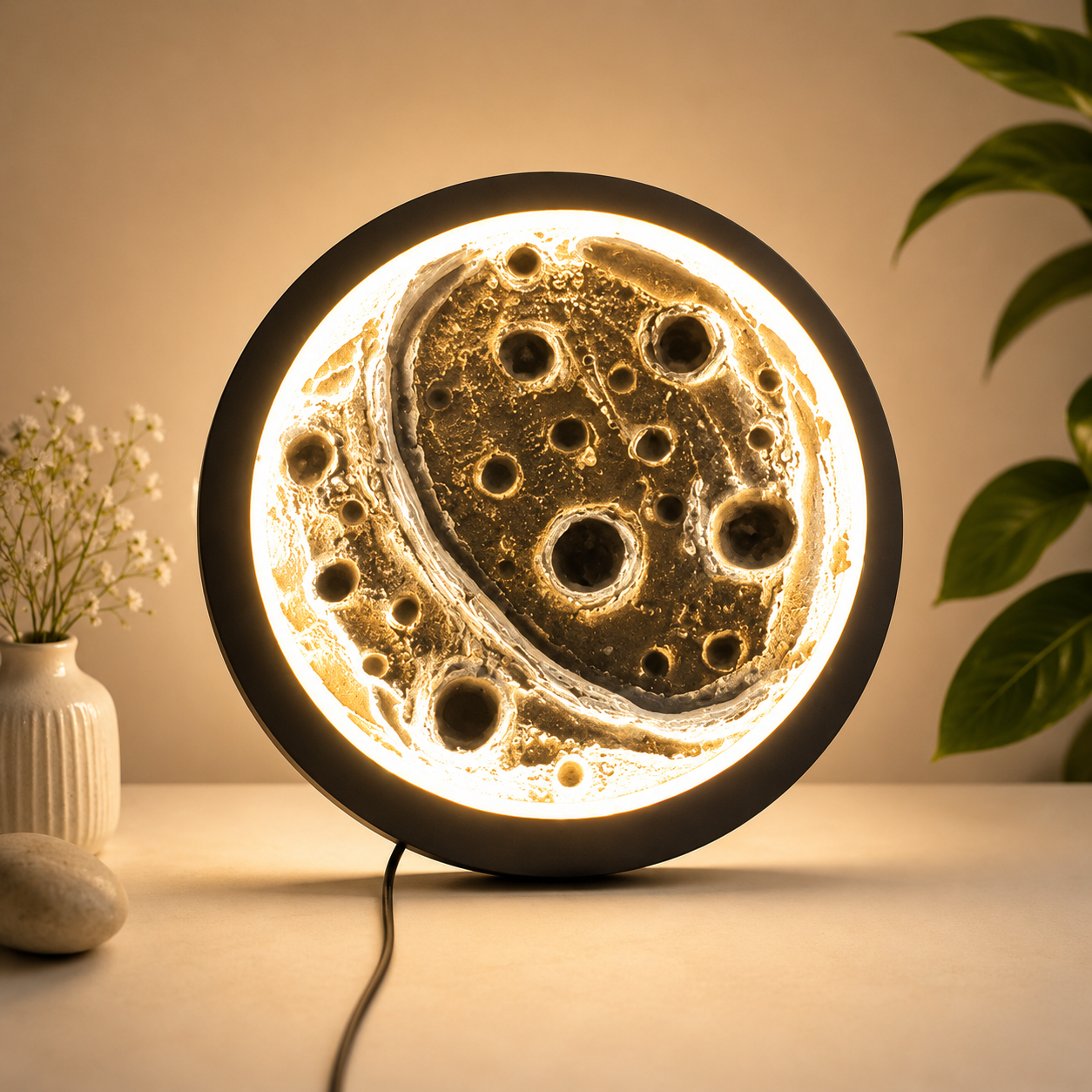 The moon lamp glowing warm on a shelf at home