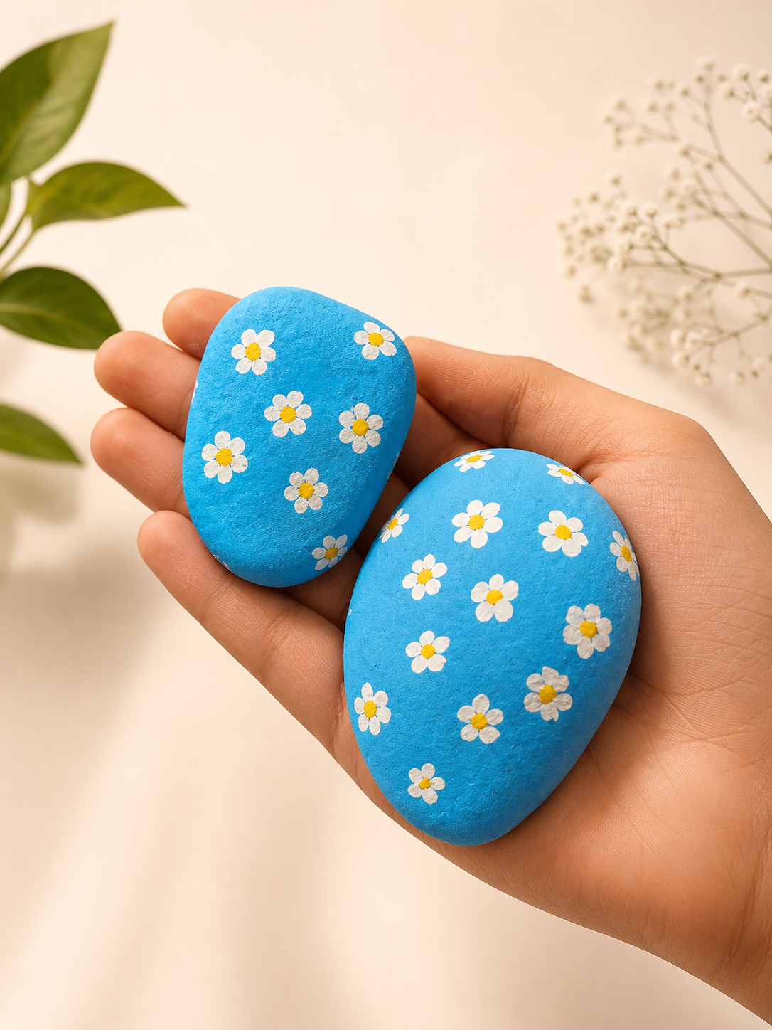 Blue river pebbles hand-painted with white daisies, held in a palm