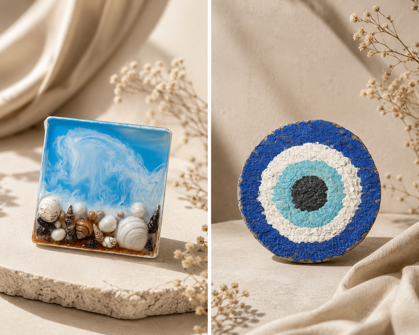 Resin ocean tile, styled studio composition